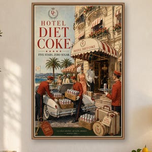 以下が含まれることがあります： Hotel Diet Cokeというタイトルの縦型ウォールアートプリント。ホテルの入り口を描いたヴィンテージ風のイラストで、赤い制服を着た人々が銀色の缶を白いコンバーチブルカーに積み込んでいる様子と、Five Stars, Zero Sugarという文字が描かれています。
