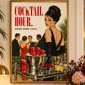 Könnte beinhalten: Ein gerahmtes Poster im Vintage-Stil mit der Aufschrift COCKTAIL HOUR. MAKE MINE ZERO. Es zeigt eine Frau in einem schwarzen Kleid und Handschuhen an einem silbernen Barwagen mit roten Coca-Cola-Dosen, Kirschen und Personen im Hintergrund.