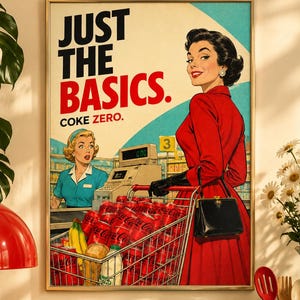 Könnte beinhalten: Ein gerahmtes Poster mit einer Illustration im Retro-Stil, die eine Person in einem roten Kleid zeigt, die einen Einkaufswagen voller roter Coke Zero-Dosen schiebt. Der Text lautet JUST THE BASICS. COKE ZERO. Die Szene zeigt eine Kassierperson.