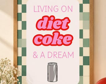 Diet Coke Dream Kitchen Print, Retro Pastel Typography, Green Checkerboard Border
