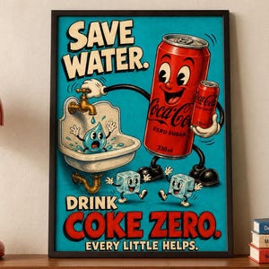 Peut inclure: Une affiche encadrée sur fond bleu sarcelle représentant une canette de Coca-Cola Zero Sugar animée avec des bras et des jambes, une goutte d'eau dans un lavabo et deux glaçons. Le texte indique : SAVE WATER. DRINK COKE ZERO. EVERY LITTLE HELPS.