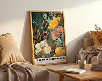 Pôster de flores Yayoi Kusama: gravura de arte japonesa colorida