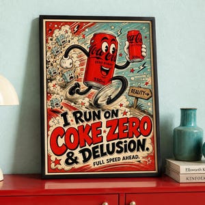 Peut inclure: Une affiche encadrée représentant une canette de soda rouge animée avec des bras et des jambes qui court, tenant une plus petite canette. Le texte indique I RUN ON COKE ZERO & DELUSION. FULL SPEED AHEAD. Fond avec graphismes et étoiles.