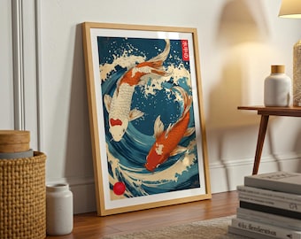 Japanese Koi Fish Art Print: Vibrant Ocean Wave, Zen Home Decor