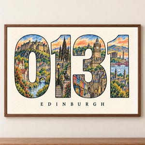 Print met netnummer 0131 van Edinburgh, kleurrijke stadsillustratie, muurdecoratie met bezienswaardigheden.