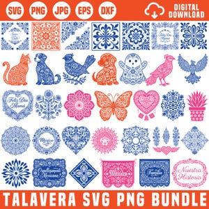 Könnte beinhalten: Ein digitales Download-Paket mit verschiedenen komplexen Vektordesigns im Talavera-Stil in Blau, Orange und Pink. Die Sammlung enthält Tiere, Blumen, Schmetterlinge, Herzen und dekorative Rahmen mit Texten wie Feliz Dia Mama und Familia.