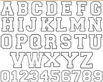 May include: A digital download graphic featuring a varsity font set, including uppercase letters, numbers, and file type icons. The letters and numbers are outlined in black with a white fill, perfect for creating custom designs.