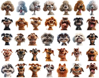 Funny Dog Clipart PNG Bundle, Cartoon Dog Faces, Cute Puppy Character PNG,Dog Expressions Clipart Set, Sublimation Designs, Digital Download