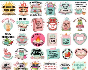 Pacchetto PNG per ragazze libresche, PNG alla moda, citazioni per amanti dei libri, adesivi per ragazze libresche, sublimazioni per nerd dei libri, adesivi carini per amanti dei libri