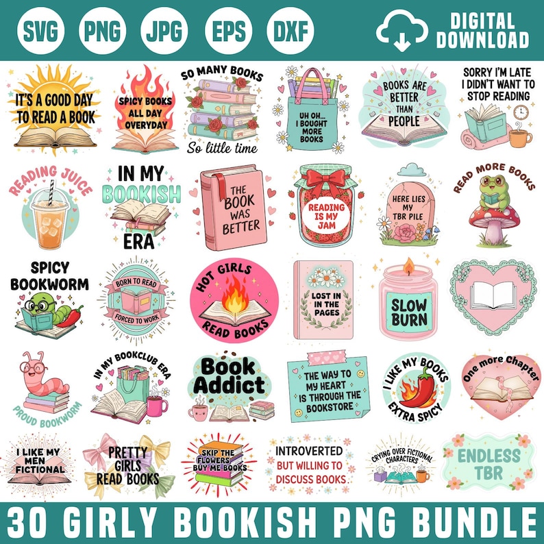Bookish Graphiv Girly Bookish PNG Bundle, Trendy PNG, Book Lover Quotes, Bookstock ...