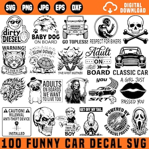 May include: A collection of black and white digital graphic designs for car decals, featuring various illustrations including skulls, animals, vehicles, and humorous text such as 'Dirty Diesel', 'Go Topless', 'Adult on Board', and 'Millennial Anti-Theft Device'.