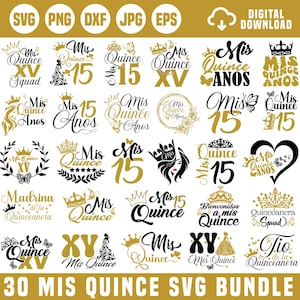 以下が含まれることがあります： 金と黒の30個の「Mis Quince」SVGデザインのコレクション。王冠、蝶、数字の15が特徴です。「Quince Años」や「Bienvenidos a mis Quince」などのフレーズが含まれています。デジタルダウンロード。