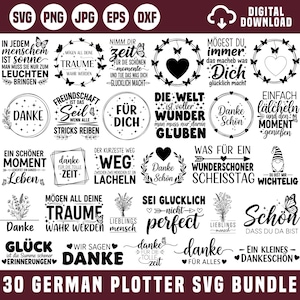 Può includere: Un pacchetto di download digitale di 30 design per plotter SVG tedeschi. I design presentano citazioni ispiratrici, elementi floreali e motivi a cuore. Il testo include frasi come "Danke", "Schön" e "Träume". Adatto a vari progetti di artigianato.