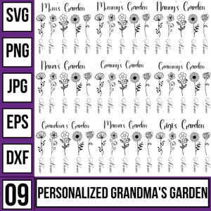 Op de afbeelding: Zwart-witte bloemendesignelementen met de woorden "Mom's Garden", "Mommy's Garden", "Nanny's Garden", "Nana's Garden", "Granny's Garden", "Grandma's Garden", "Mama's Garden" en "Gigi's Garden". De tekst "Name" wordt herhaald onder elke bloem. De tekst "PERSONALIZED GRANDMA'S GARDEN" is ook aanwezig.