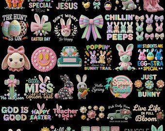 Spring Png Bundle, Faux Yarn Egg Hunter Bunny, Crochet Coquette Bow, Jesus Christian, He Is Risen Be, Hoppy Easter, Mama Mini, Chilling Peep