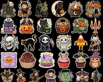 Halloween Stickers PNG Bundle, Halloween Clipart, Cute Vintage Halloween PNG, Kawaii Ghost Pumpkin Bat Clipart, Halloween Sublimation Design