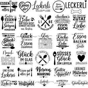 May include: A collection of black and white kitchen-themed graphics with text. The designs include phrases like "Good Food", "Love", and "Happiness", along with illustrations of utensils and hearts. The overall theme is related to cooking and enjoying food.