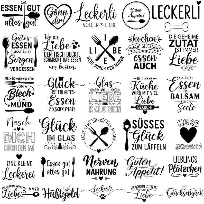 May include: A collection of black and white kitchen-themed graphics with text. The designs include phrases like "Good Food", "Love", and "Happiness", along with illustrations of utensils and hearts. The overall theme is related to cooking and enjoying food.