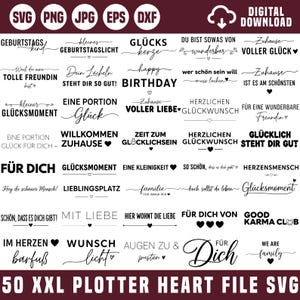 Puede incluir: Un archivo gráfico de descarga digital con varias frases y palabras en alemán, como "Cumpleaños", "Amor" y "Felicidad", dispuestas en forma de corazón. El archivo incluye formatos como SVG, PNG y JPG, adecuados para proyectos de manualidades.