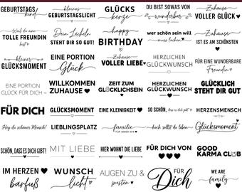 May include: A digital download graphic file featuring various phrases and words in German, such as "Birthday," "Love," and "Happiness," arranged in a heart shape. The file includes formats like SVG, PNG, and JPG, suitable for crafting projects.