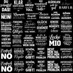 Puede incluir: Gr&aacute;fico en blanco y negro con varias frases alemanas en un estilo manuscrito. Las frases son motivadoras e inspiradoras, como "&iexcl;Puedes hacerlo!" y "La felicidad es la suma de los momentos".