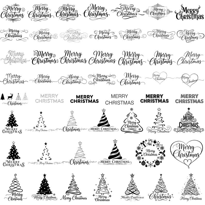 Op de afbeelding: Een verzameling zwart-wit kerstontwerpen. De afbeelding toont verschillende tekststijlen van "Merry Christmas" en gestileerde kerstbomen, sneeuwvlokken en decoratieve elementen. Ideaal voor kerstkaarten en knutselen.