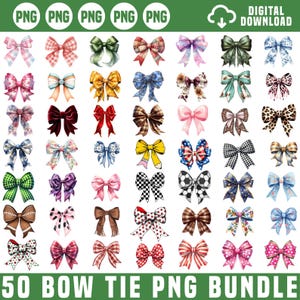 May include: A digital download graphic bundle featuring 50 bow tie PNG images. The bows vary in color and design, including plaid, floral, and patterned styles. The image includes the text "50 BOW TIE PNG BUNDLE".