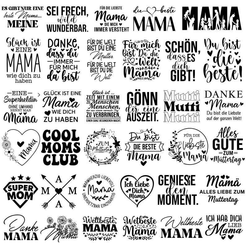 Op de afbeelding: Een verzameling zwart-witte grafische ontwerpen met tekst, ter ere van het moederschap. De ontwerpen bevatten zinnen als "Cool Moms Club", "Super Mom" en "Mama", met bloemen en hartaccenten. Ideaal voor Moederdag.