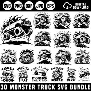 Könnte beinhalten: Ein digitales Download-Bundle mit 30 Monster-Truck-SVG-Dateien in Schwarzweiß. Die Designs zeigen Monster Trucks in Aktion, mit Flammen und stilisierten Grafiken. Der Text enthält "All American Dude", "Monster Truck" und "Girls Like Monster Truck, Too!"