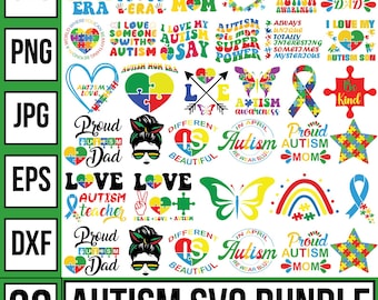 Puede incluir: Un conjunto de archivos digitales SVG, PNG, JPG, EPS y DXF con diseños sobre el autismo. Los diseños incluyen piezas de rompecabezas, corazones, mariposas y cintas, junto con textos como "Autism Awareness" y "Proud Dad".