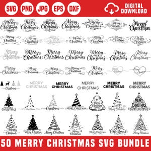 Può includere: Un pacchetto di grafica digitale scaricabile con 50 design di Buon Natale in formati SVG, PNG, JPG, EPS e DXF. I design includono vari alberi di Natale stilizzati e il testo "Buon Natale" in diversi caratteri.