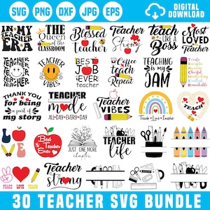 May include: A collection of 30 teacher-themed SVG digital download designs. The designs include phrases like "Teacher Vibes," "Best Teacher Ever," and "Teaching is my Jam," along with illustrations of apples, pencils, and rainbows. The bundle is perfect for crafting.