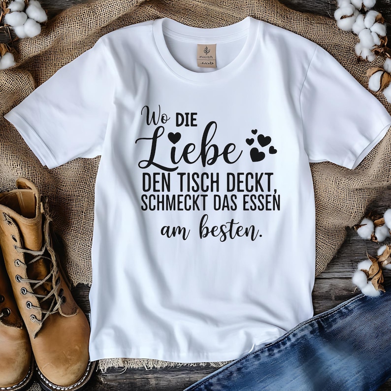 May include: White t-shirt with black text that reads "Wo die Liebe den Tisch deckt, schmeckt das Essen am besten." The text is accompanied by heart graphics. The shirt is displayed on a burlap surface.