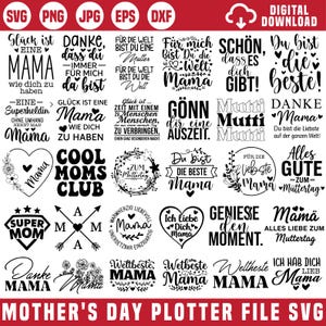 Pode incluir: Um arquivo gráfico digital para download para o Dia das Mães, apresentando vários designs com a palavra "Mama" e frases relacionadas em vários idiomas. Os designs incluem corações, elementos florais e texto como "Cool Moms Club".
