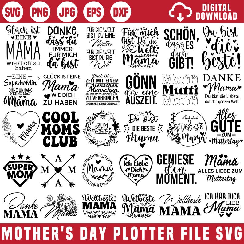 Op de afbeelding: Een digitale download grafische bestand voor Moederdag, met verschillende ontwerpen met het woord "Mama" en gerelateerde zinnen in meerdere talen. De ontwerpen omvatten harten, bloemelementen en tekst zoals "Cool Moms Club".