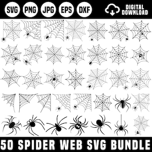 Könnte beinhalten: Ein digitales Grafikpaket zum Herunterladen mit 50 Spinnennetz-Designs und Spinnen-Illustrationen in den Formaten SVG, PNG, JPG, EPS und DXF. Die Schwarz-Weiß-Bilder umfassen verschiedene Netzformen und Spinnenposen, ideal für Halloween-Bastelarbeiten.