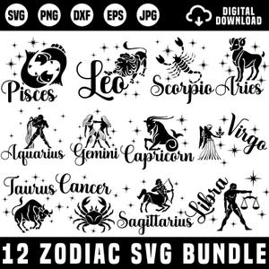 Op de afbeelding: Een zwart-wit digitale downloadafbeelding met 12 sterrenbeeldtekens, waaronder Vissen, Leeuw, Schorpioen, Ram, Waterman, Tweelingen, Steenbok, Maagd, Stier, Kreeft, Boogschutter en Weegschaal. De tekst "12 ZODIAC SVG BUNDLE" is ook opgenomen.