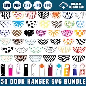 May include: A digital download graphic bundle featuring 50 door hanger SVG designs. The designs include various patterns and styles, such as geometric, floral, and abstract, in black, white, and other colors. The image also includes door hanger templates.