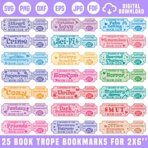 May include: A collection of 25 colorful book trope bookmarks, each designed as a ticket with unique text like "Sci-Fi Book Club" and "Lifetime Membership." The bookmarks are 2x6 inches and feature various themes.
