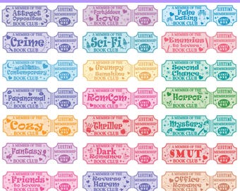 May include: A collection of 25 colorful book trope bookmarks, each designed as a ticket with unique text like "Sci-Fi Book Club" and "Lifetime Membership." The bookmarks are 2x6 inches and feature various themes.