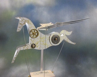 Large Steampunk Aluminium Pegasus Automata in white and gold