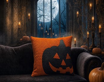 May include: A square throw pillow featuring a textured orange surface with a large, black, punch-needle style jack-o'-lantern graphic centered on the front. The pillow is positioned on a dark, plush sofa, showcasing a vibrant contrast between the orange fabric and the black pumpkin design.