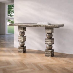 Mesa consola escultural hecha a mano – Mesa pedestal posmoderna de cubos y esferas apiladas – Mesa auxiliar de mármol de lujo – Piedra natural