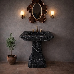 手作りの一枚岩大理石製台座付き洗面台 – 曲線美が際立つマナーデザイン – 一体型長方形石製シンクを備えた豪華なフレア型柱状台座