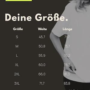 May include: A size chart graphic with a dark background and light text. It lists sizes S through 3XL with corresponding width and length measurements in centimeters. The text includes 01 / Ma&szlig;e, Deine Gr&ouml;&szlig;e, Gr&ouml;&szlig;e, Weite, L&auml;nge, and Friedafunkel - Berlin.