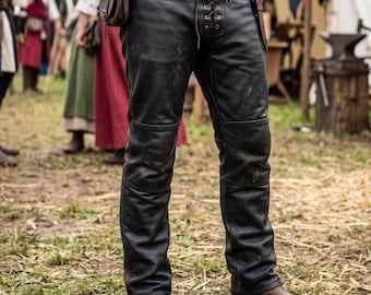 Pantalones de cuero hechos a mano para hombre, pantalones de cuero negro, pantalones de cuero con cordones, pantalón de cuero de pierna recta, pantalones de cuero medievales, traje renacentista para hombre.
