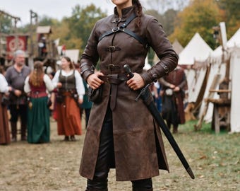 Women's Handcrafted Genuine Leather Trench Coat | Distressed Brown Medieval Ranger Duster | Fantasy Cosplay Jerkin | Custom  Outerwear