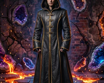 Handmade Mens Leather Hooded Coat Black Leather Coat Long Leather Coat Men Hooded Leather Jacket Leather Men Gothic Coat Halloween Costume