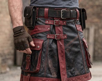 Handmade Men’s Leather Utility Kilt Cowhide  Cargo Kilt Steampunk Warrior Gladiator Kilt Maroon Trim Gothic Leather Festival LARP Kilt Men