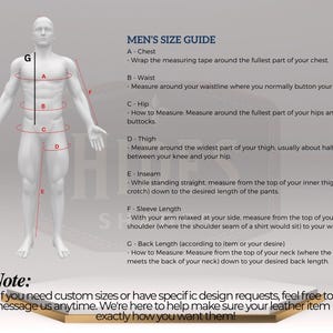 May include: A size guide for men's clothing, featuring a white mannequin with measurement lines. The guide details chest, waist, hip, thigh, inseam, sleeve length, and back length measurements. Text at the bottom encourages custom size requests.